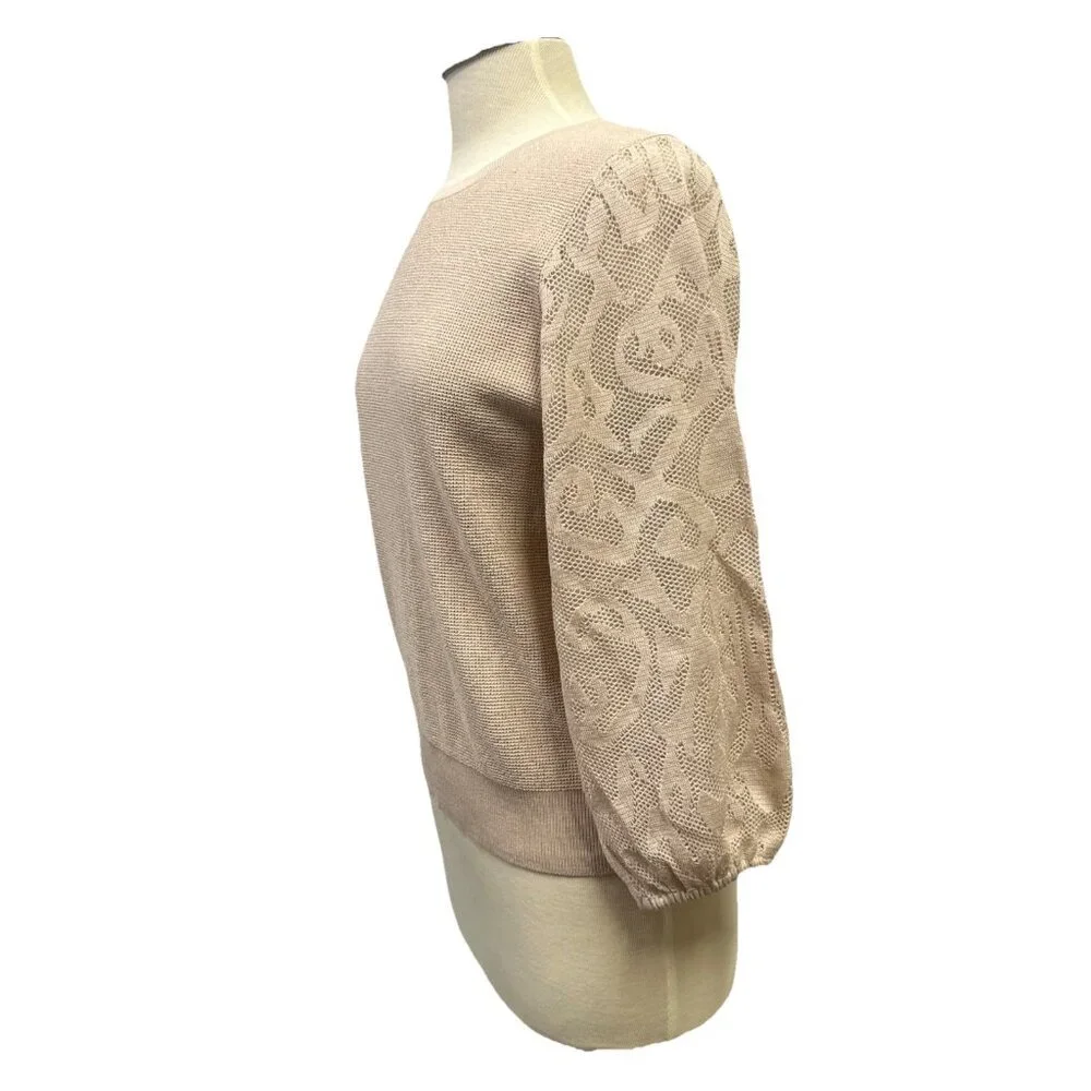 Adrianna Papell Women's Medium Crew Neck Sweater 3/4 Mesh Champagne Blush - Picture 3 of 16